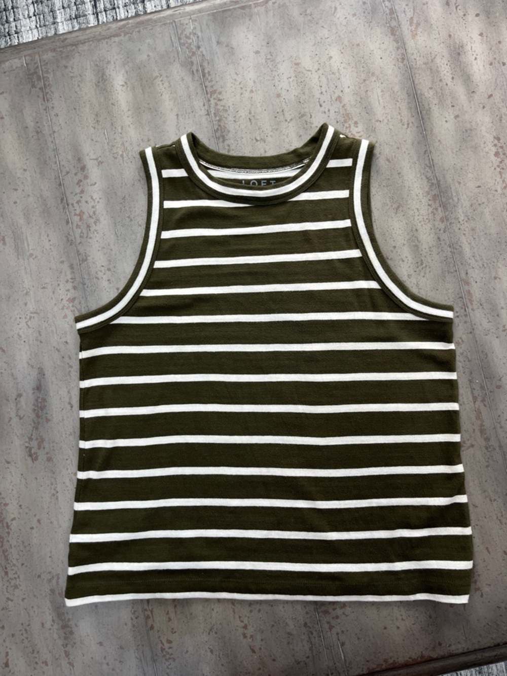 LOFT Olive & White Striped Sleeveless Shell